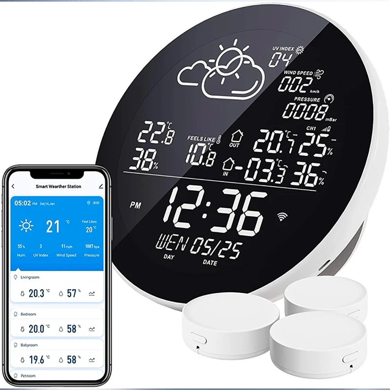 Умная метеостанция Tuya Wifi с часами, термометром и гигрометром на большом цветном экране и индикатором температуры.