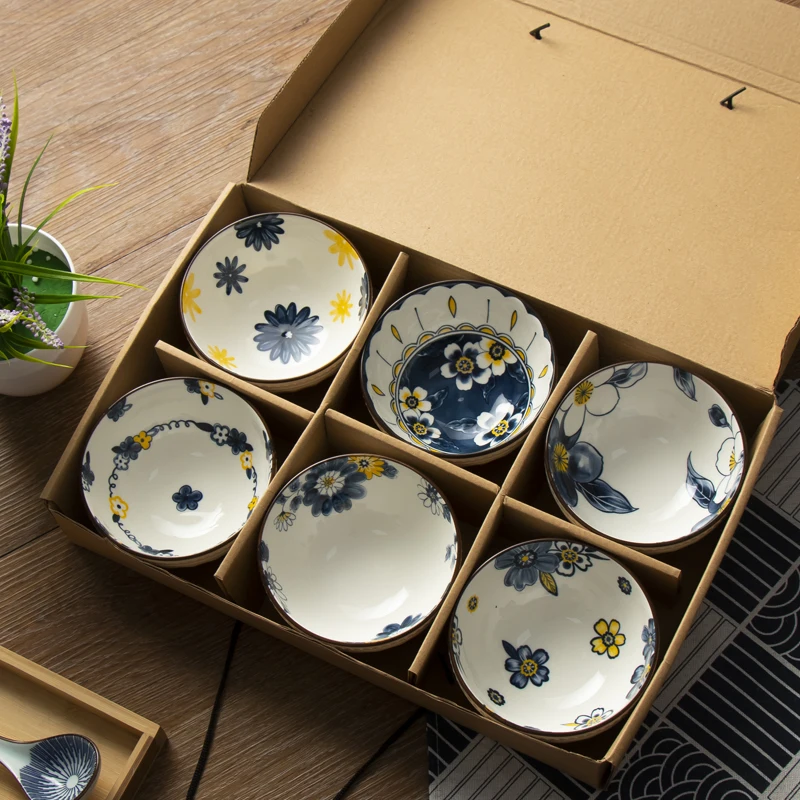 

Japanese Ceramic Cereal Rice Bowls Set of 6 Pcs, Underglaze Print Porcelain Salad Soup Bowl With Box Microwave Dishwasher Safe