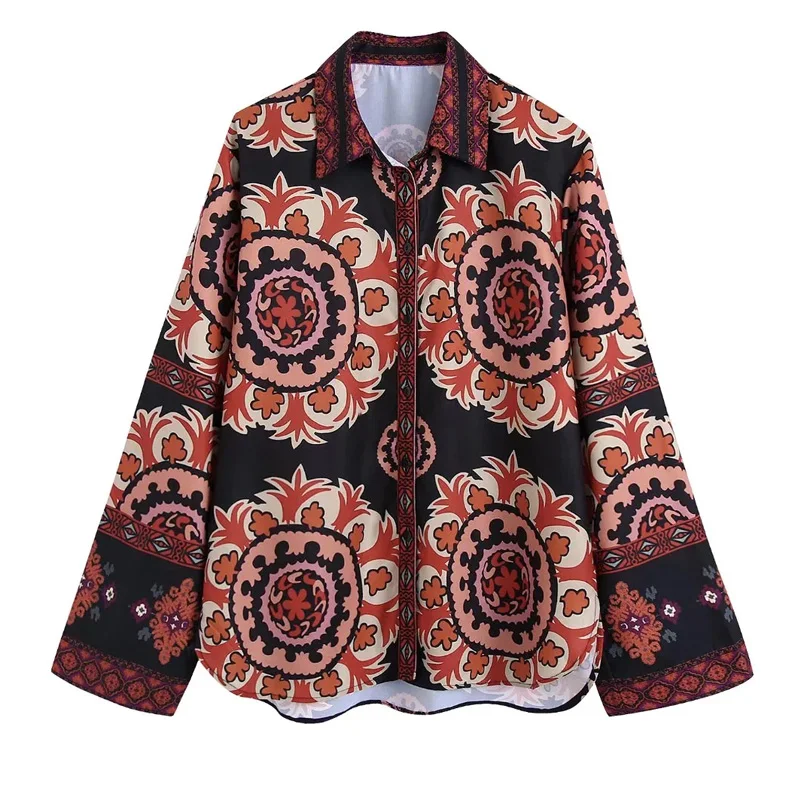 

TRAF Women Shirts 2022 Summer Fashion Print Buttons Shirt Female Lapel Long Sleeve Loose Asymmetric Hem Blouses Chic Tops