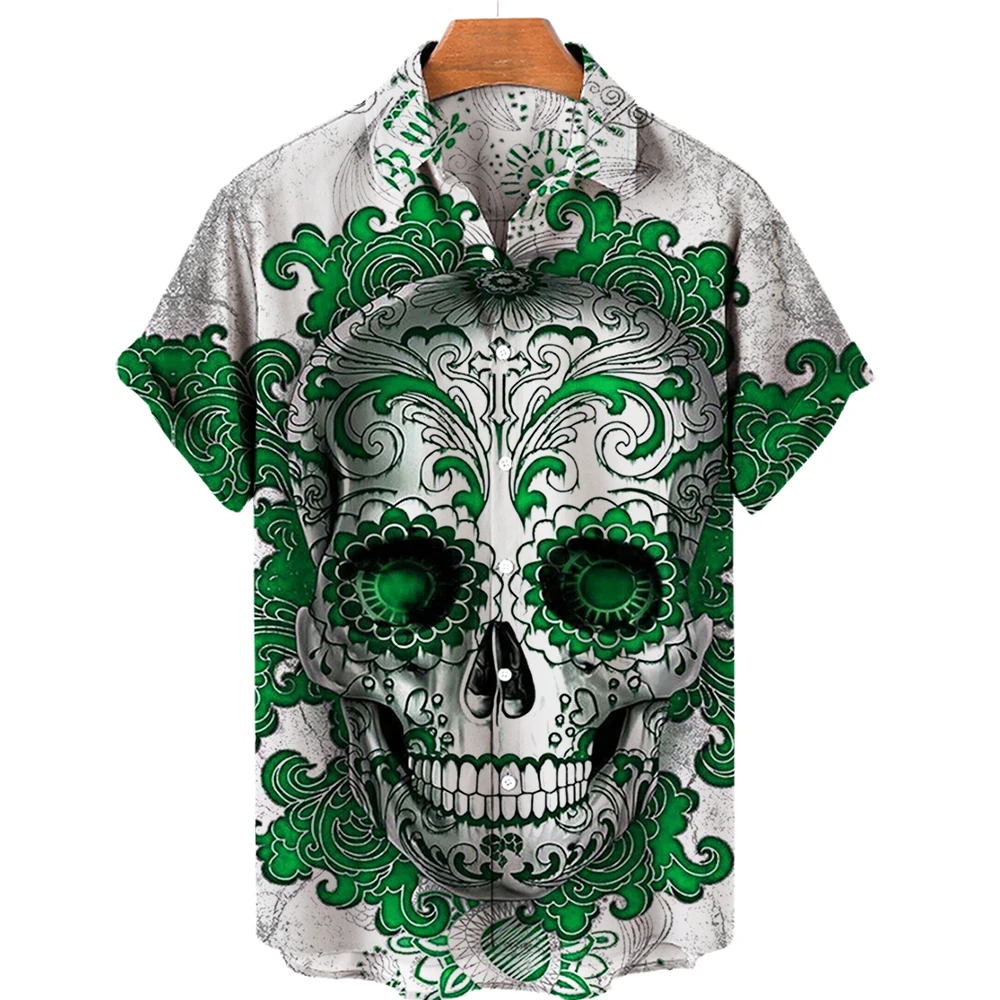 Luxury Summer Shirts for Men Hawaiian Tops Skull Shirts Fashion Print Hip Hop Beach Style Lapel Single Breasted Blouses Clothing