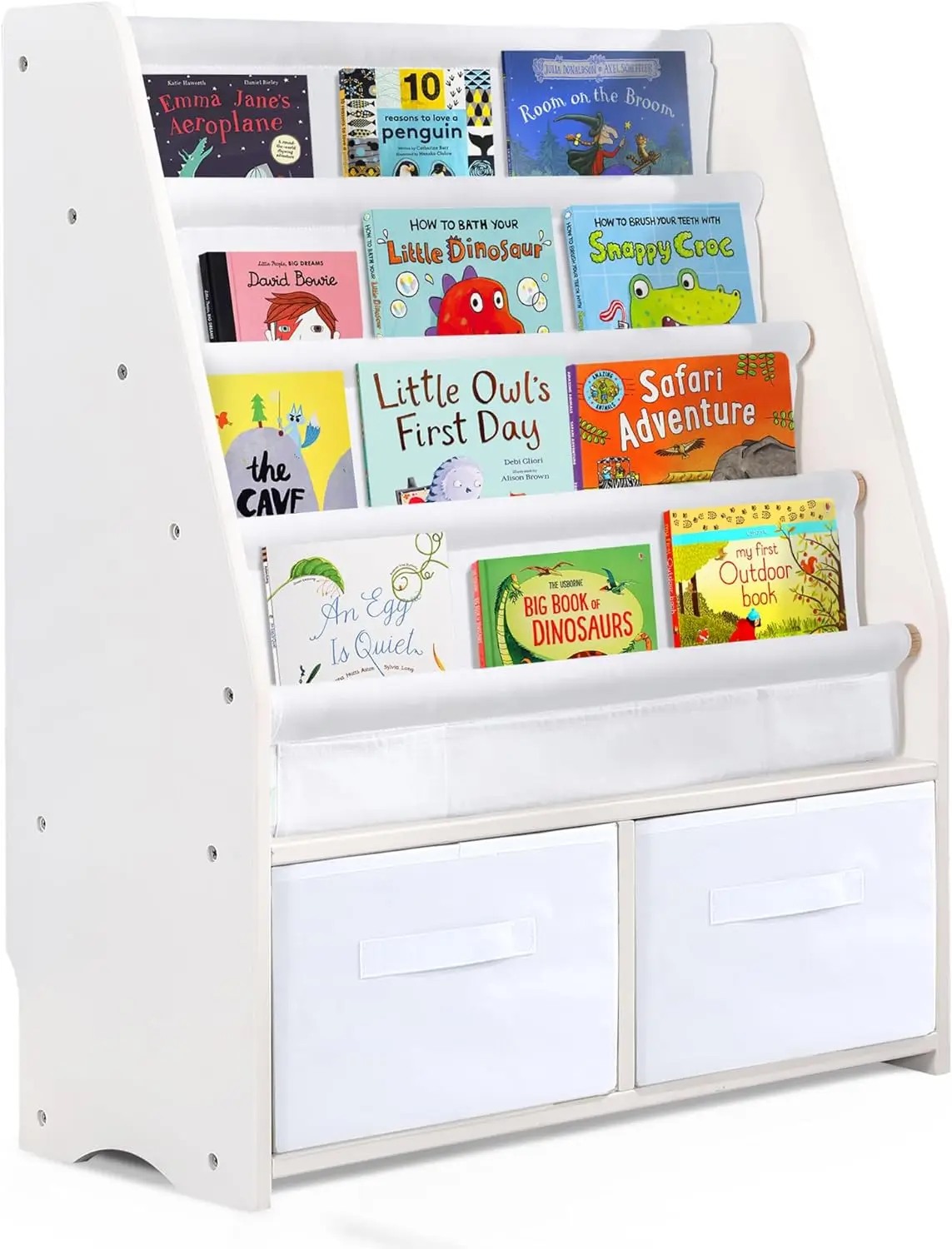 

Childrens Bookshelf Kids Sling Book Rack with Two Storage Boxes and Toys Organizer Shelves Natural Solid Wood Baby Bookcase