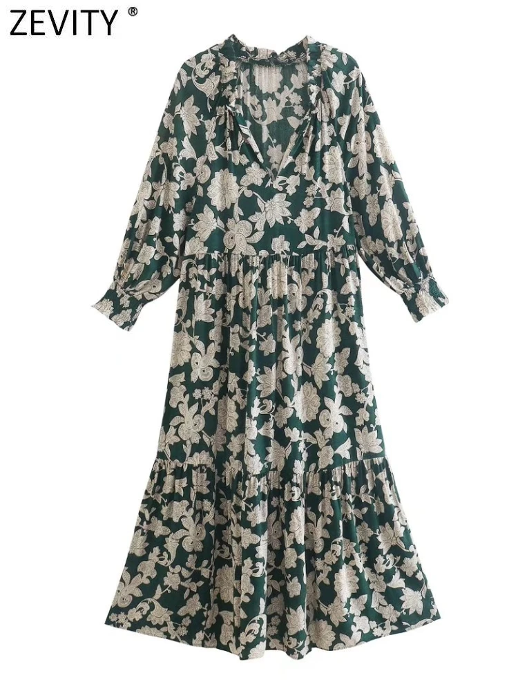 

ZEVITY Women Fashion V Neck Totem Floral Print Loose Midi Dress Office Lady Chic Three Quarter Sleeve Vestidos Mujer DS9378