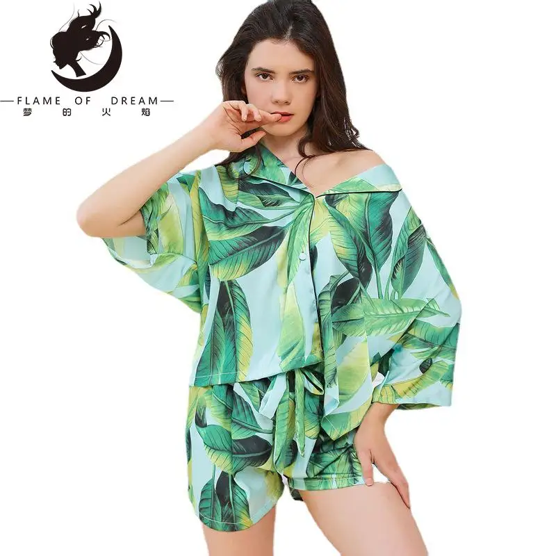 Flame Of Dream 2022 Summer New Ice Silk Pajamas Women's Thin Short Sleeved Shorts Two-piece Suit  Home Clothes 221572
