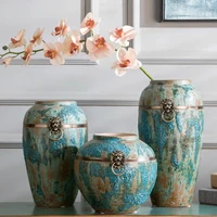 Jingdezhen Ceramic Vase with Copper Ring Blue Bubble Glaze Ceramic Floor-mounted Large Classical Chinese Vase