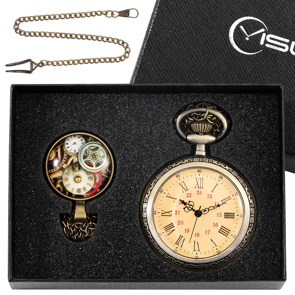 Pocket Watch Men Luxury Gold Necklace Gift Set without Cover Design Roman Numerals Dial Steampunk Pocket Watch Pedent Clock