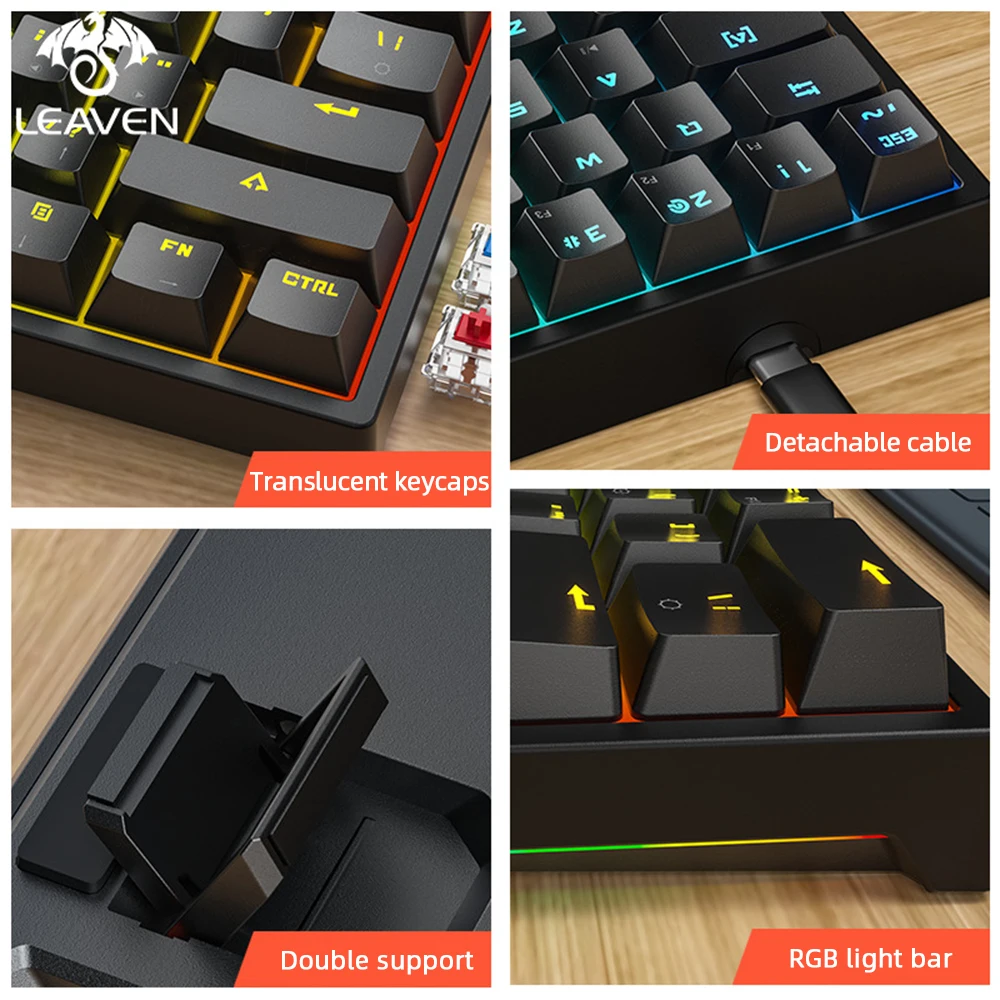 Игровая механическая клавиатура Mini 61 Keys с подсветкой, разъемом Type-c, разделением линий клавиш и портативностью для планшетов с переключателями Blue Red для игр.