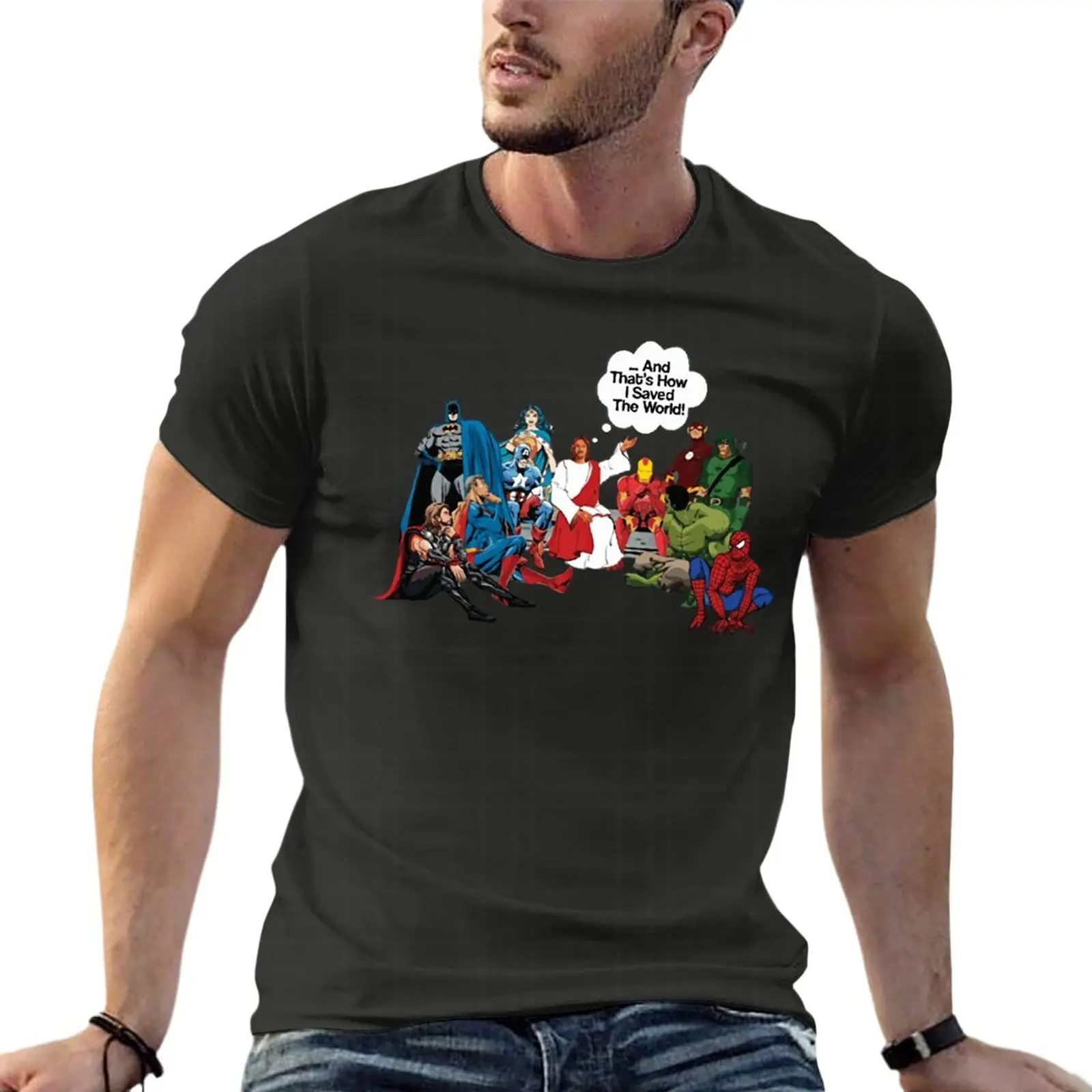 

Jesus And Superheroes That'S How I Saved The World Christian Funny Oversized T-Shirts Printed Mens Clothes 100% Cotton Streetwea