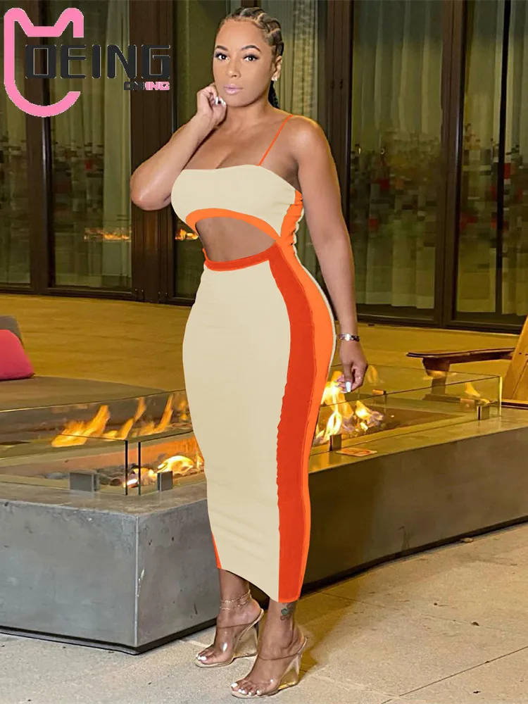 

OEING Summer Patchwork Sexy Club Outfits Dresses for Women 2022 Backless Straps Long Dress Female Cut Out Bodycon Maxi Dress