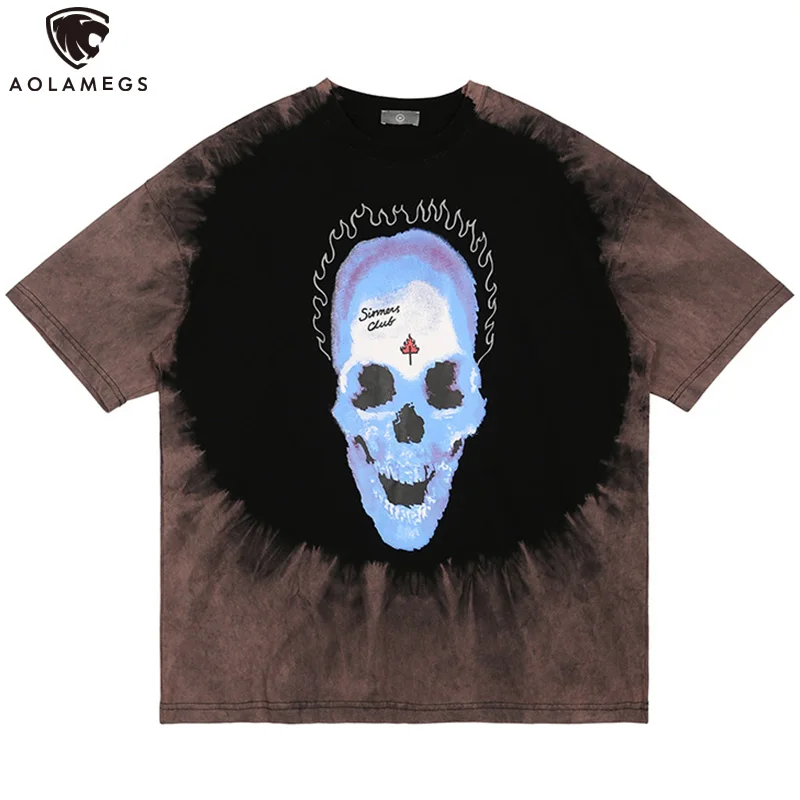 

Aolamegs Men's T Shirts Letter Printed Hit Color Skull Skeleton Gradient O-Neck Tees Oversize Youthful Streetwear Men's Clothing