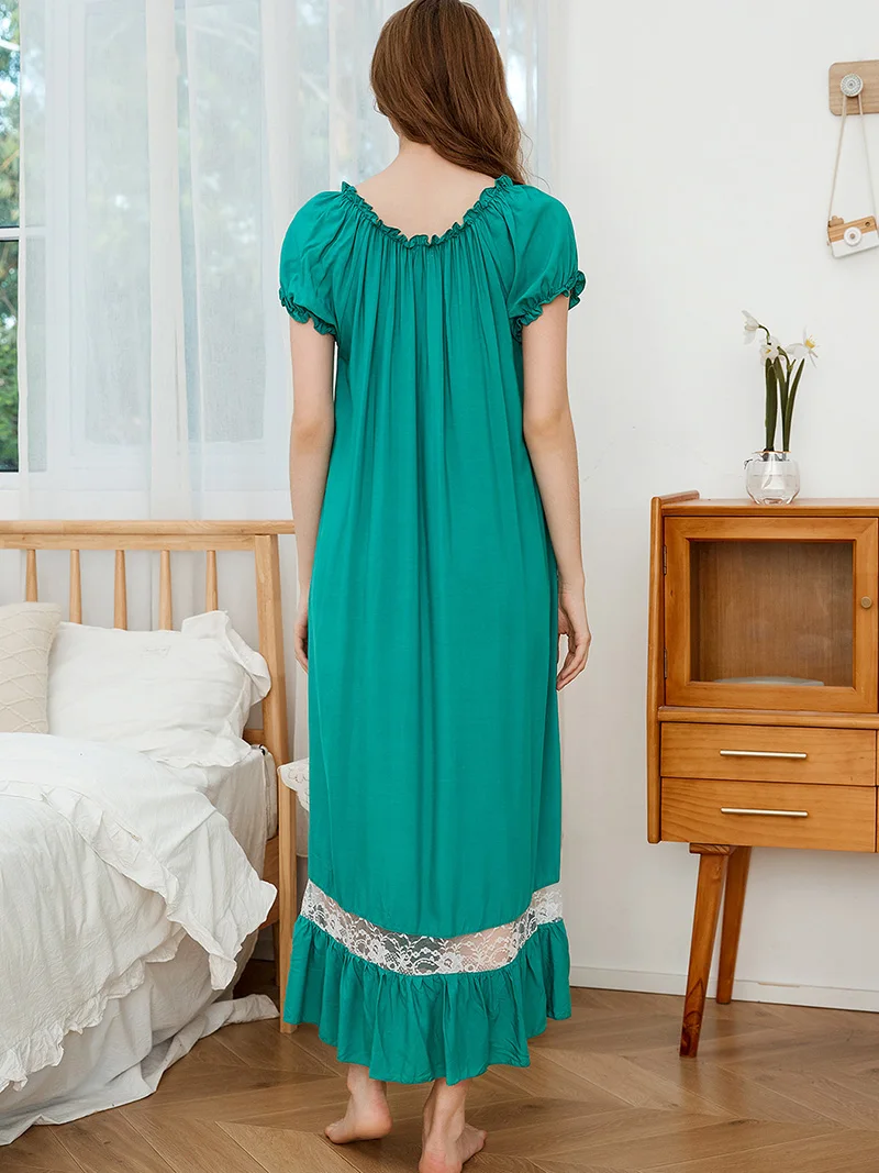 Women Cotton Night Dress White Ruffles Lace-up Short Sleeve Slash Neck Loose Vintage Princess Victorian Lolita Fairy Sleepwear