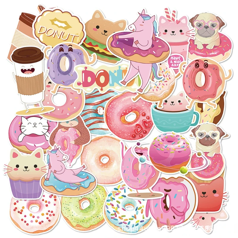 

30pcs Donut Stickers Cute Sweet Food Waterproof Sticker Kids Birthday Party Favors Girls Luggage Computer Cartoon Labels 7-12cm