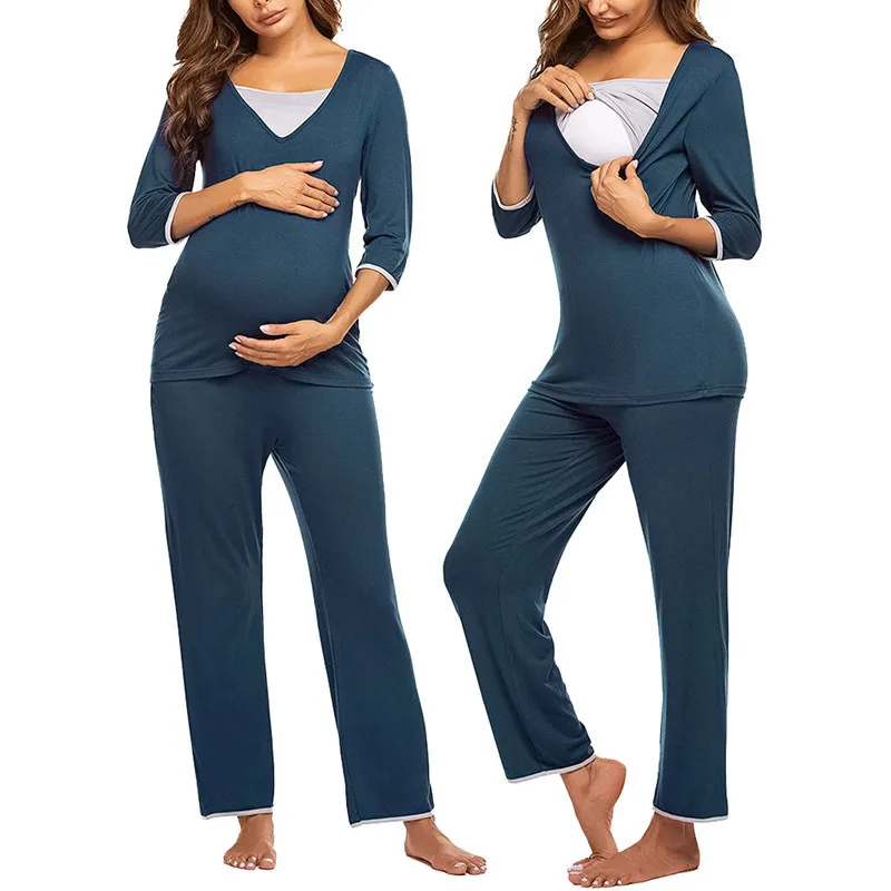 

Women Nursing Pajama Set Breastfeeding Clothes Casual Soft Pregnant Sleep Lounge T Shirt Adjustable Pants 2pcs Clothes Sleepwear