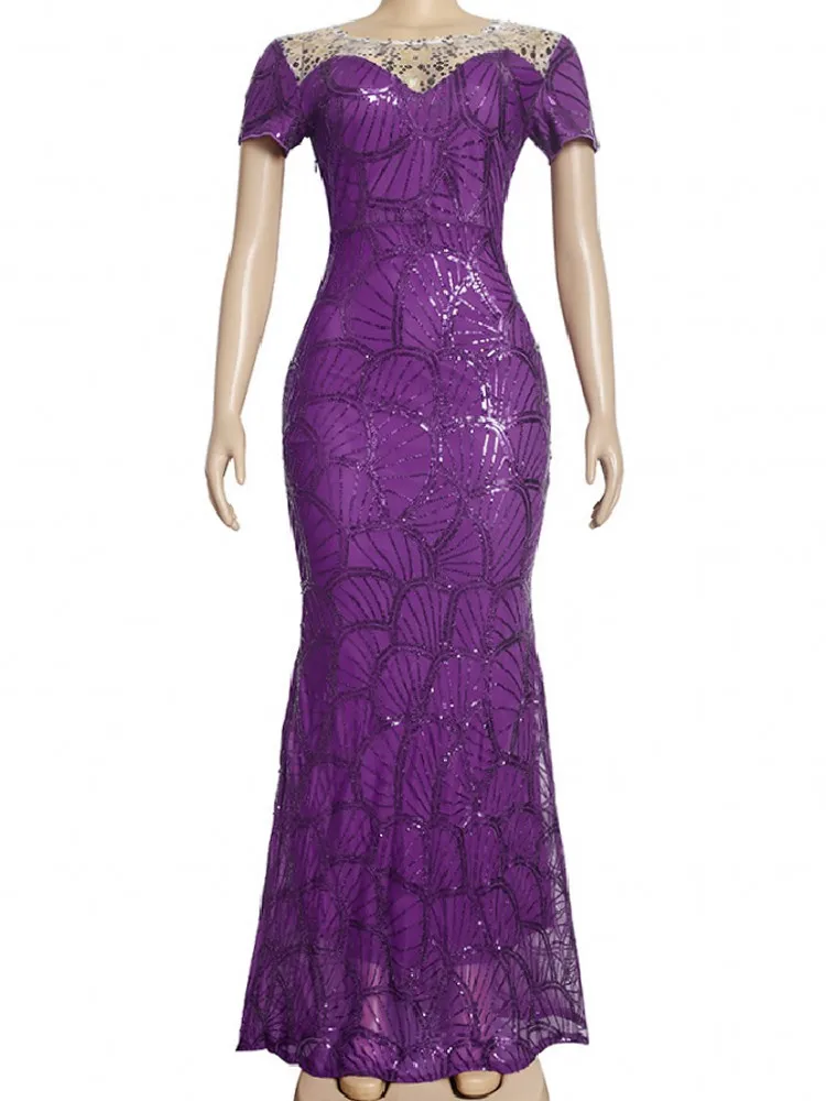 

African Dresses For Women Purple Short Sleeve Sequin Evening Wedding Party Long Maxi Dress Moroccan Kaftan Muslim Africa Clothes