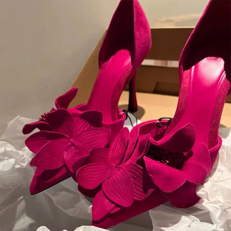 

Женские туфли на высоком каблуке, розово-красные туфли на тонком французском каблуке с острым носком, украшенные цветами, весна 2023
