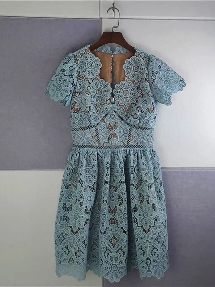 

Lace Hollow out Women A-line Mini Dress 2022 new High Waist Female Robes