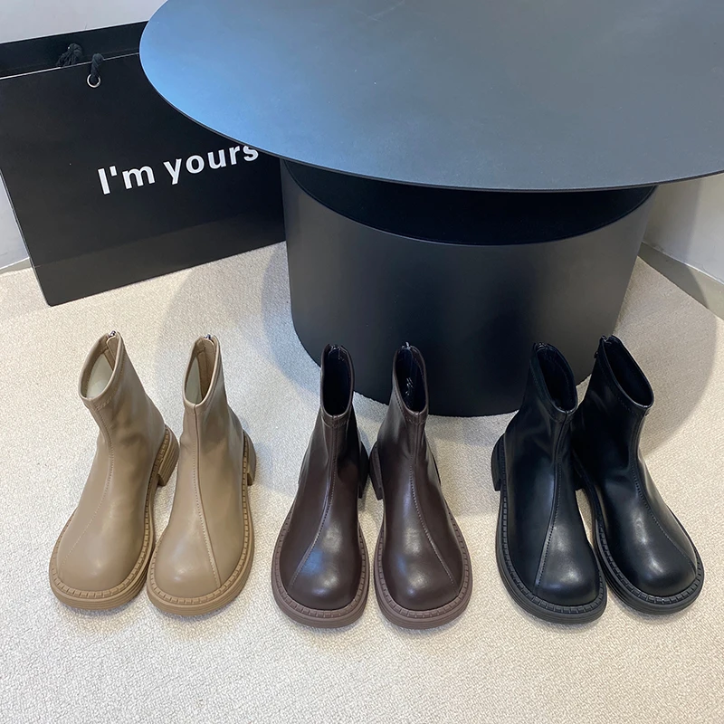 

Black Khaki Brown Women Round Toe Ankle Boots Back Zipper 2022 New Arrivals Platform Winter Short Botas Stretch Sock Booties