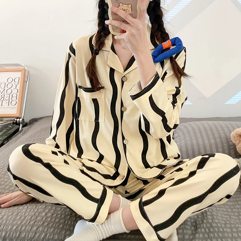 Spring Autumn Women Fashion Lapel Pajamas Faux Cotton Soft Long Sleepwear Stes