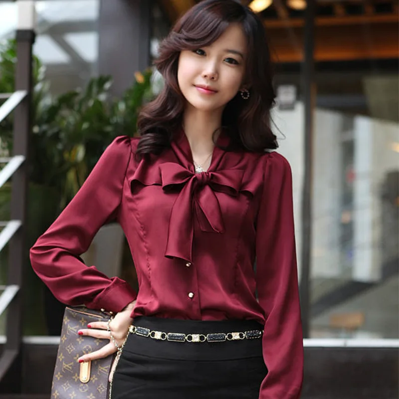 Women's Button Down Satin Dress Shirt for Women Formal Work Blouse Woman Long Sleeve Tops with Bow Tie Elegant Chemise Femme
