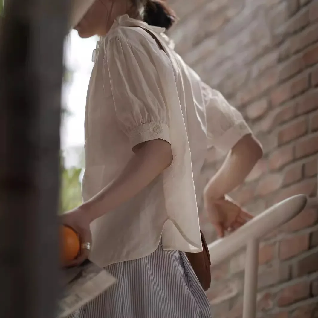 Винтажная элегантная вышитая хлопково-льняная блузка с пышными рукавами и