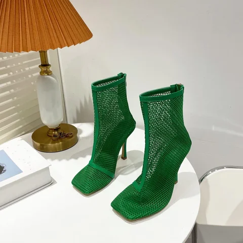 Xibeilove, новинка 2023 года, модные женские ботильоны, Сексуальные Зеленые ботинки на высоком каблуке с квадратной сеткой и молнией