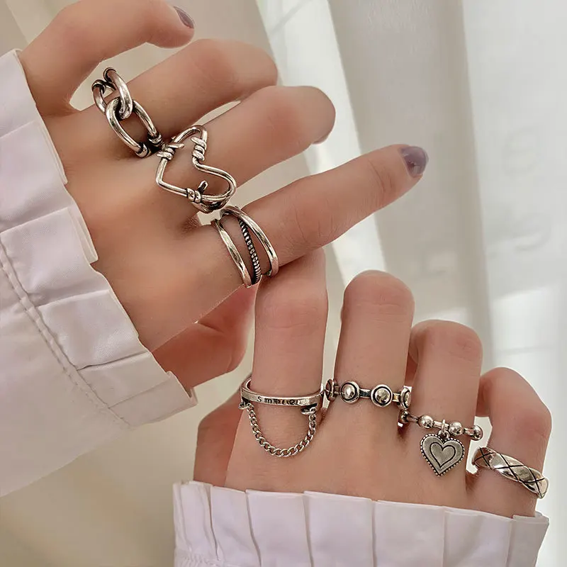 

Vintage Personality Silver Color Metal Adjustable Opening Ring For Women Creative Irregular Geometric Chain Ring Fashion Jewelry
