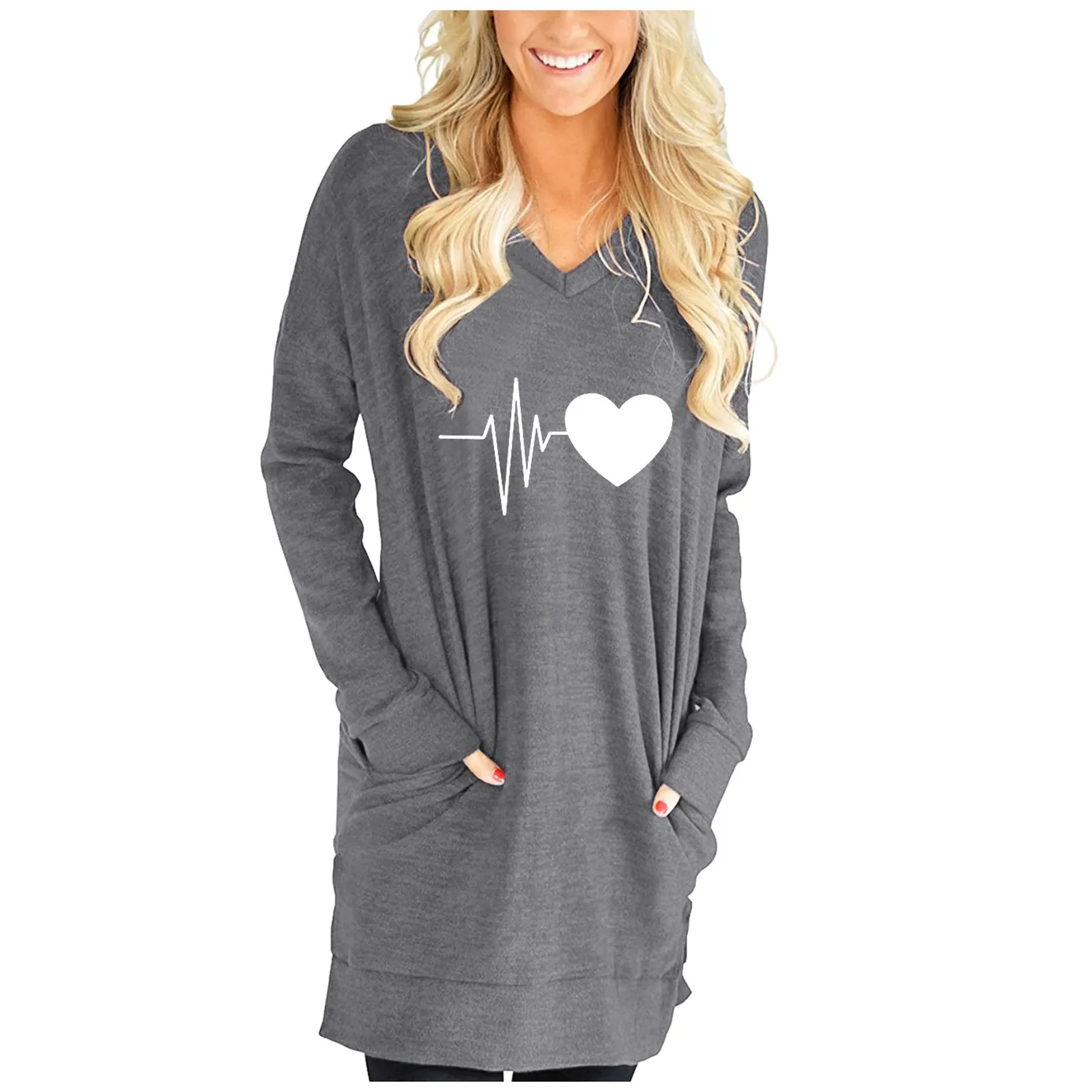 

Женская свободная футболка с длинным рукавом, V-образным вырезом и разрезом