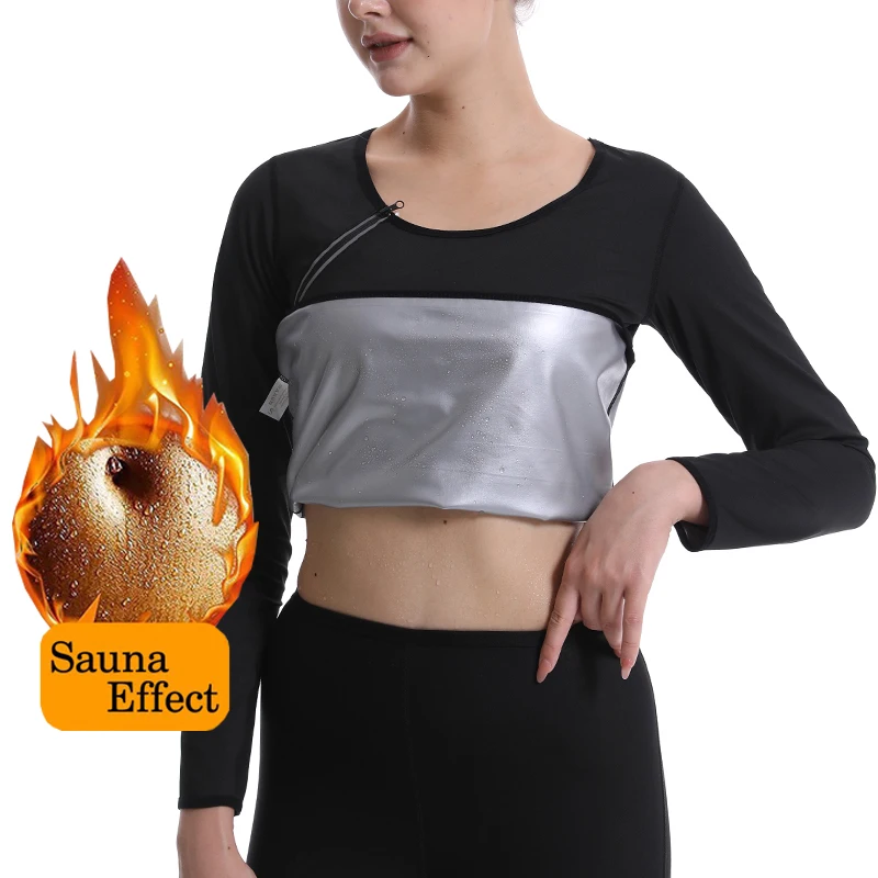 

Женское горячее термобелье, топы, утепленная футболка для сауны, теплые топы с круглым вырезом и молнией, однотонный топ с длинными рукавами...