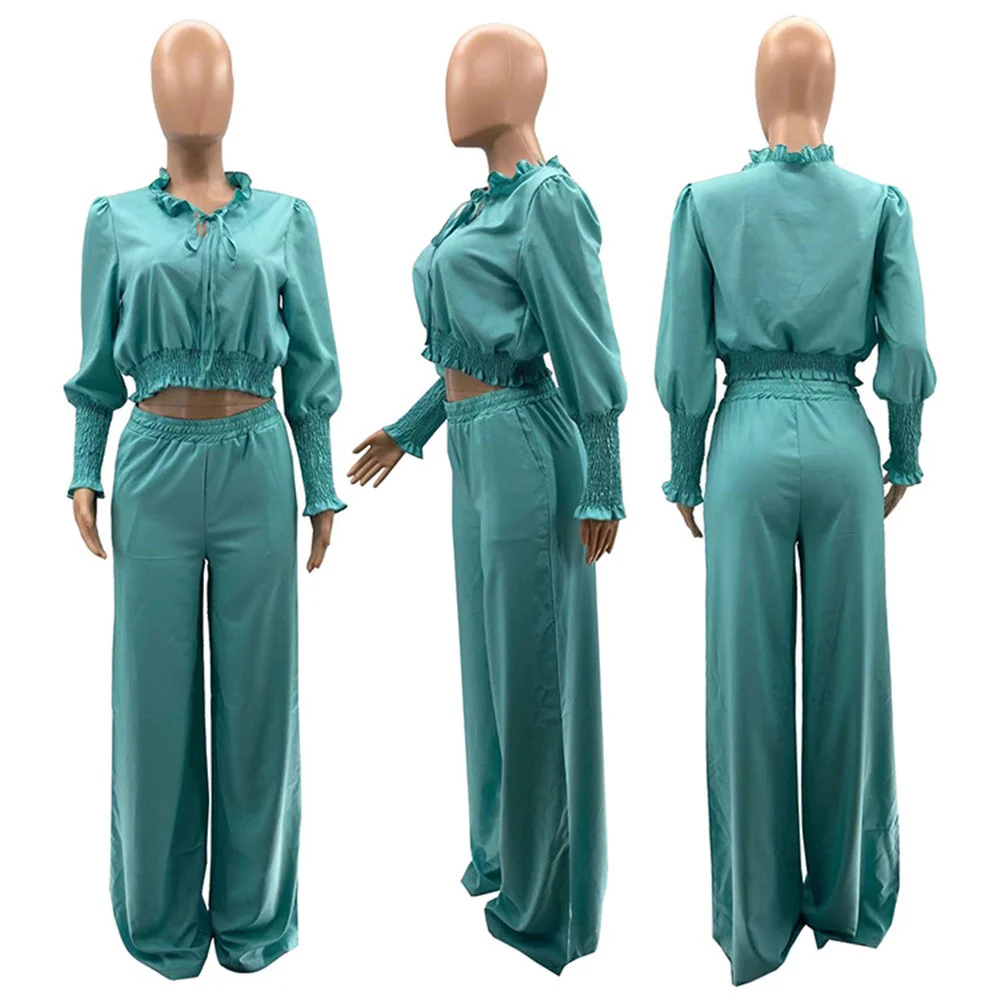 Plus Size Two Piece Set Women Fall Clothes Casual Crop Top Pants Sets Solid Bandage Long Sleeve Outfits Whole 3xl 4xl 5xl 6xl
