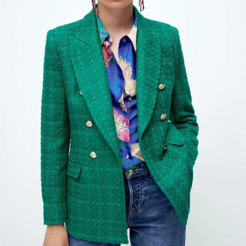 Tweed Rose Red Blazer Women Fashion Double Breasted Green Coats Vintage Long Sleeve V Neck Pockets Female Outerwear Chic Suits