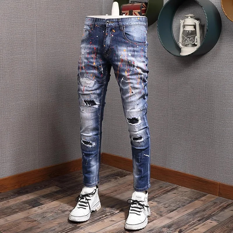 Street Fashion Men Jeans Retro Blue Elastic Stretch Slim Fit Painted Ripped Jeans Men Hole Patched Designer Hip Hop Denim Pants