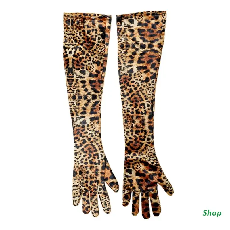 

L5YC Cosplay Party Women Velvet Long Gloves with Leopard Print Dinner Dress Gloves