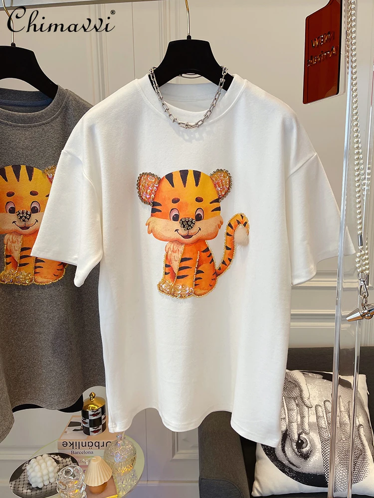 

Fashion Design Loose Casual Thickening Brushed Tiger Printed T-shirt Women Short Sleeve 2022 Spring All-Match Bottoming Shirt