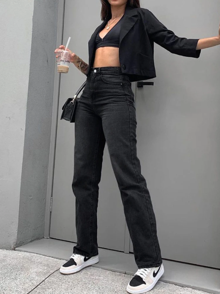 

WeiYao High Waisted Jeans for Women 2023 New Aesthetic Casual 90s Streetwear Denim Trousers y2k Straight Black Pants
