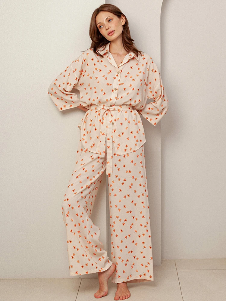 

Linad Print Women's Home Clothes Loose 2 Piece Sets Three Quarter Sleeve Pajamas Casual Trouser Suits Autumn Female Sleepwear