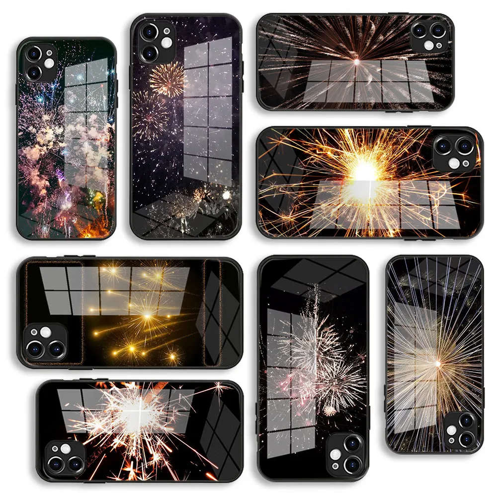 

Lunares Glass Case For iPhone 13 11 12 Mini Pro Max XS XR X 7 8 6 Plus SE Silicone Cover Protection fireworks pattern