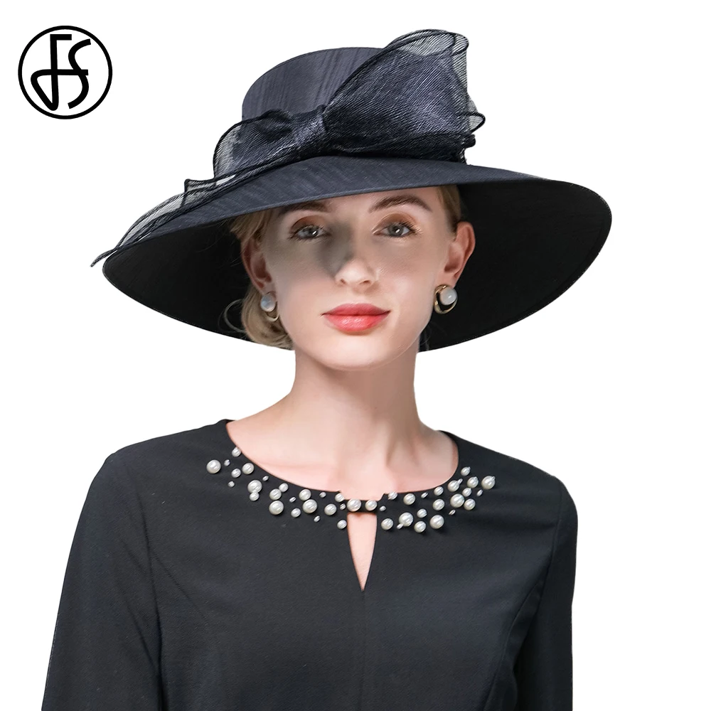 FS Female Elegant Church Black Hats For Women Formal Occasion Wide Brim Kentucky Cap Ladies Tea Party Millinery With Big Bowknot