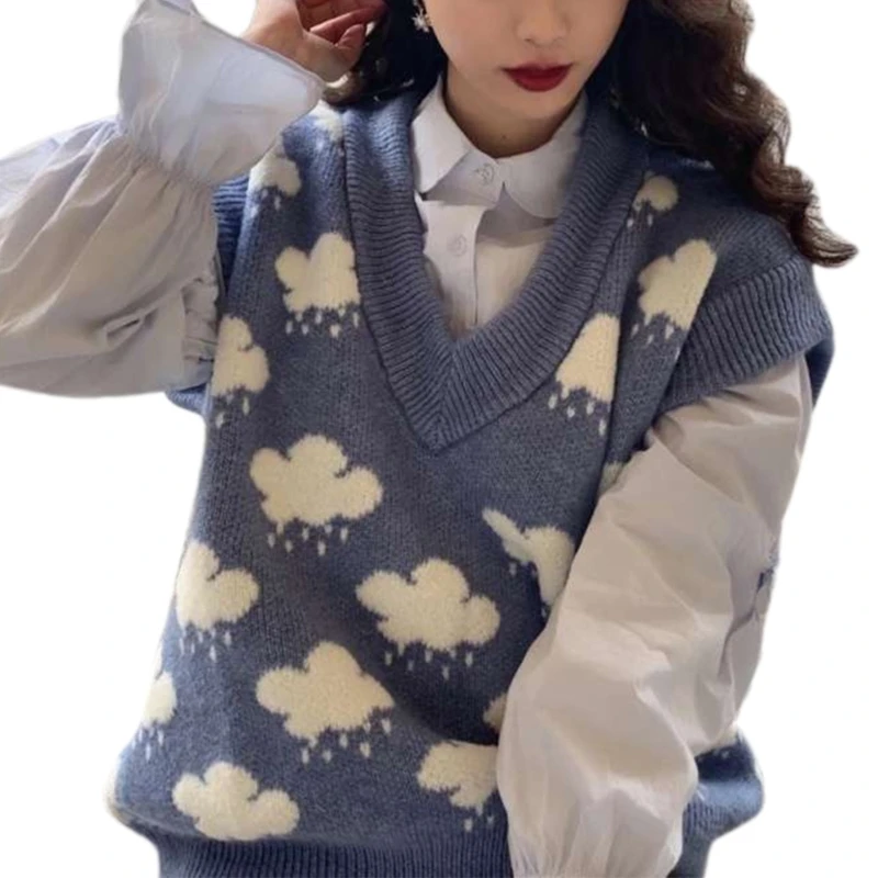 

Collge Style Sweater Vest Women Sleeveless V-Neck Cute Cloud Knitted Casual Loose Pullover Knitwear Top Waistcoat L5YB