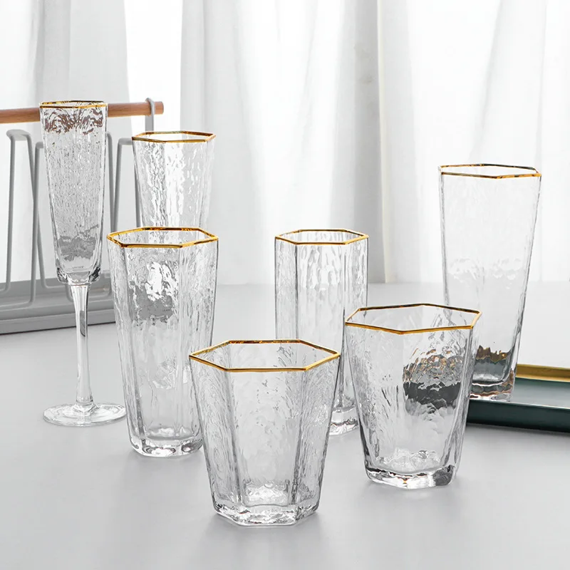 

Glass wine cup household water cup creative hexagonal crystal high foot cup