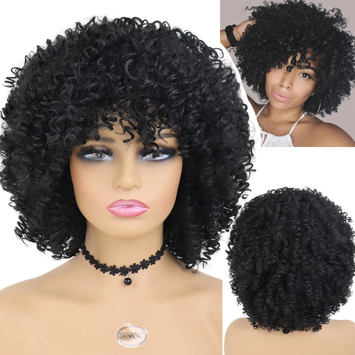 

GNIMEGIL Wigs for Black Women Synthetic Hair Curly Wig with Bangs Afro Kinky Colly Hairstyle Natural African Wigs Short Curls