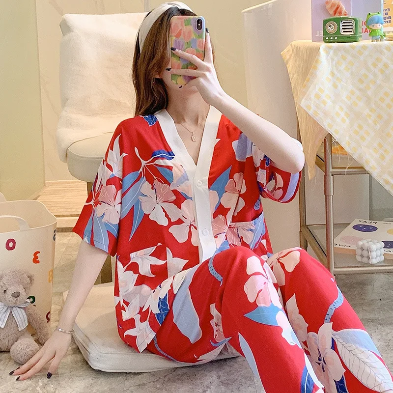 Floral Print Pajamas for Women V-Neck Half Sleeve Lounge Cotton Sleepwear Comfy Soft Long Button Down Pjs Set 2 Piece Sleep Set