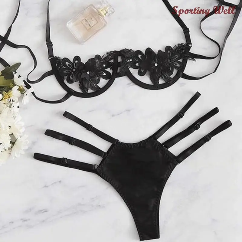 

New Sexy Women Lace Lingerie Bra Set Female Chic Brief Sets Lady Lace Flower Bra And Panties
