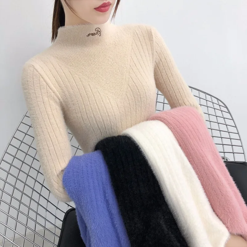 Long-sleeved mink fleece slim sweaters fall and winter jacker high collar bottoming shirt pullover knitted