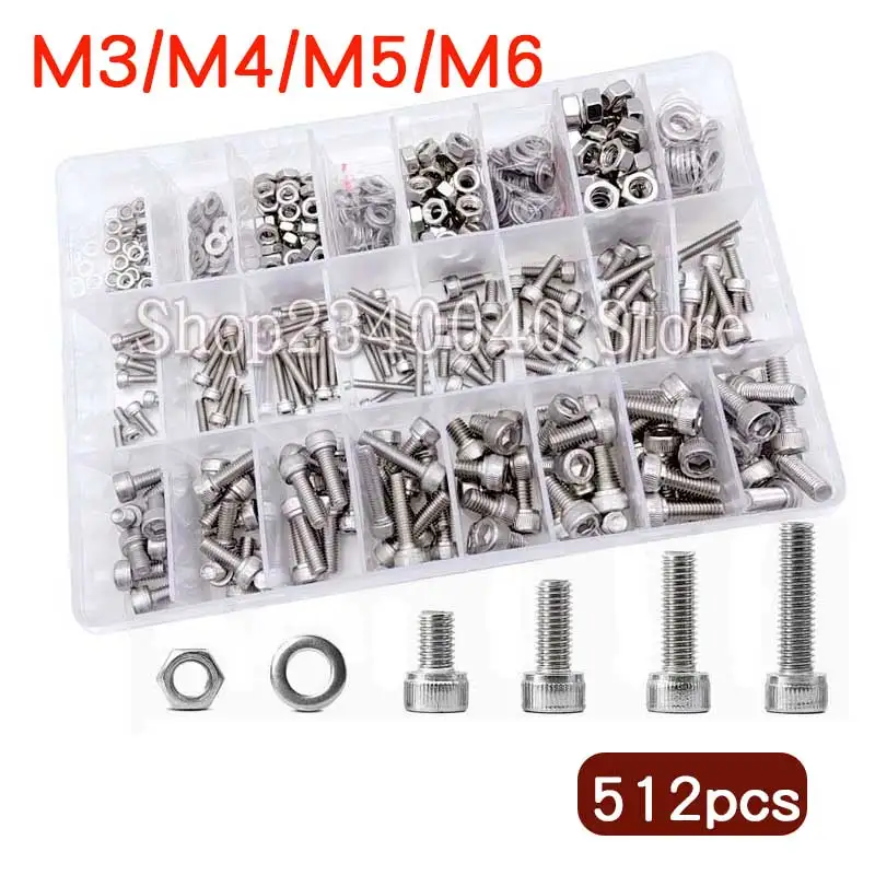 

512pcs/set 304 Stainless Steel Hex allen Socket Cap Head Screws M3 M4 M5 M6 Metric Screws Washers Bolts and Nuts Assortment Kit