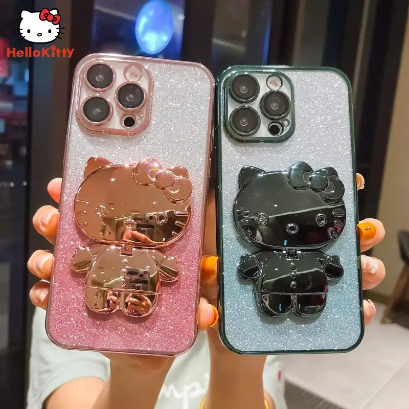 

Чехол для телефона Hello Kittys для Iphone 14, 13, 12, пленка с линзами с покрытием Sanrios, кавайная блестящая пудра с градиентом, кронштейн для зеркала для макияжа