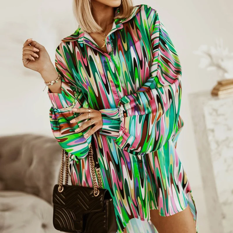 Женская винтажная блузка с длинным рукавом разноцветная рубашка принтом