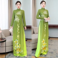 green slim vietnam aodai long sleeve dress women traditional chinese vintage elegant qipao toppants sets asian chiffon dress
