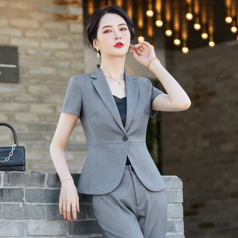 

Summer Grey Blazer Women Business Suits 2 Piece Pant and Top Sets Office Ladies Short Sleeve Jackets Work Uniform OL Styles