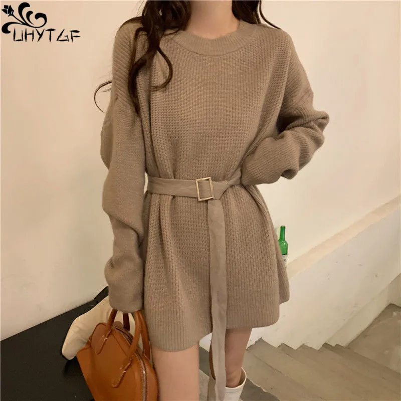 

Пуловер UHYTGF, свитер для женщин, новинка, Осень-зима, однотонный, с круглым вырезом, свободный пояс, длинный рукав, вязаная одежда, повседневное женское пальто