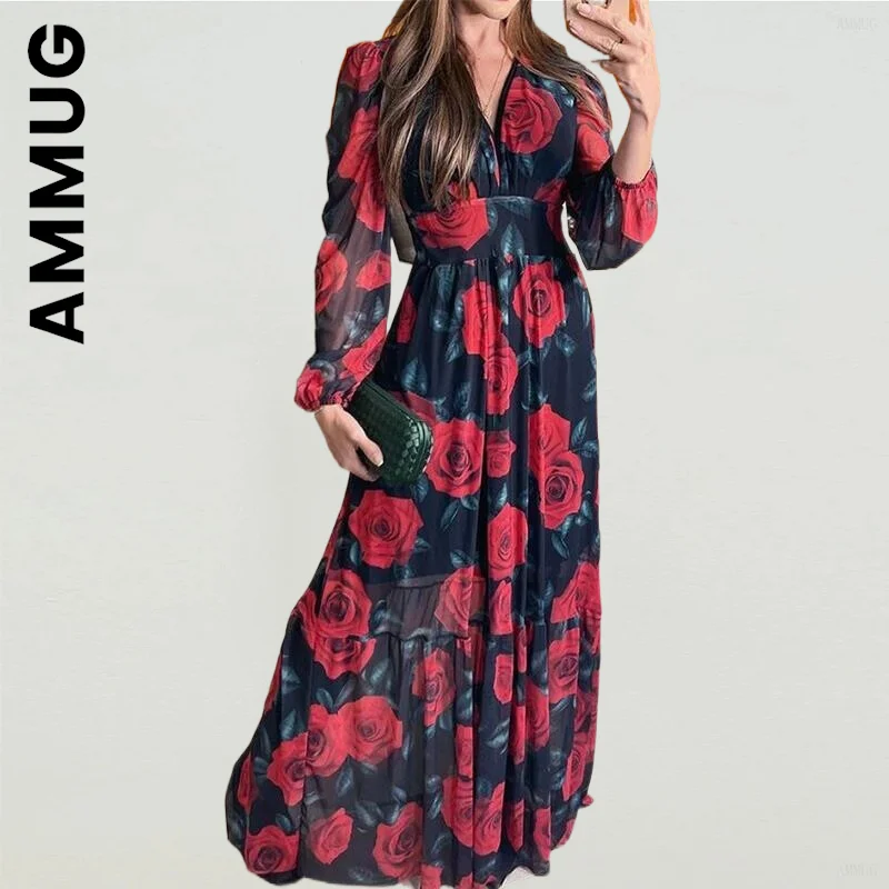

Ammug Long Sleeve Dress Fashion Maxi Dress Sexy Holiday Robe Soft Outfits Club Simple Girl Vestidos Female Dress Woman