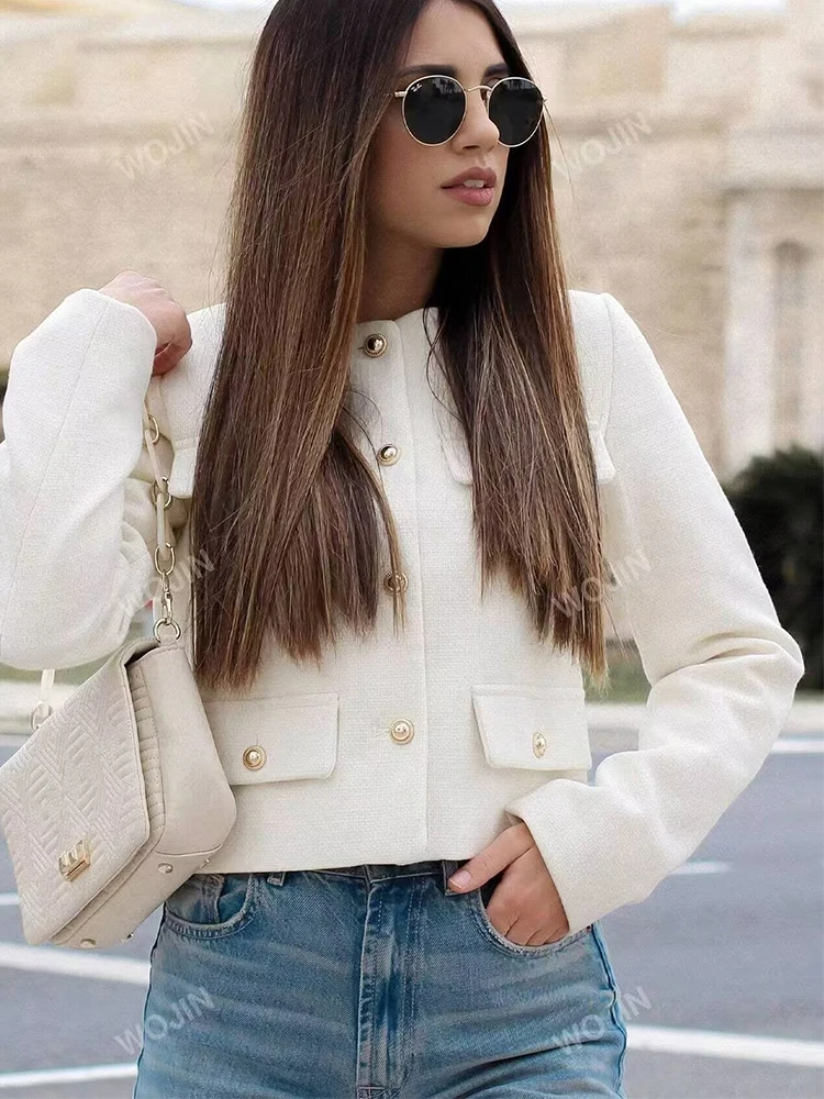 TRAF осень-зима женские модные куртки 2024 однобортные топы с длинными рукавами